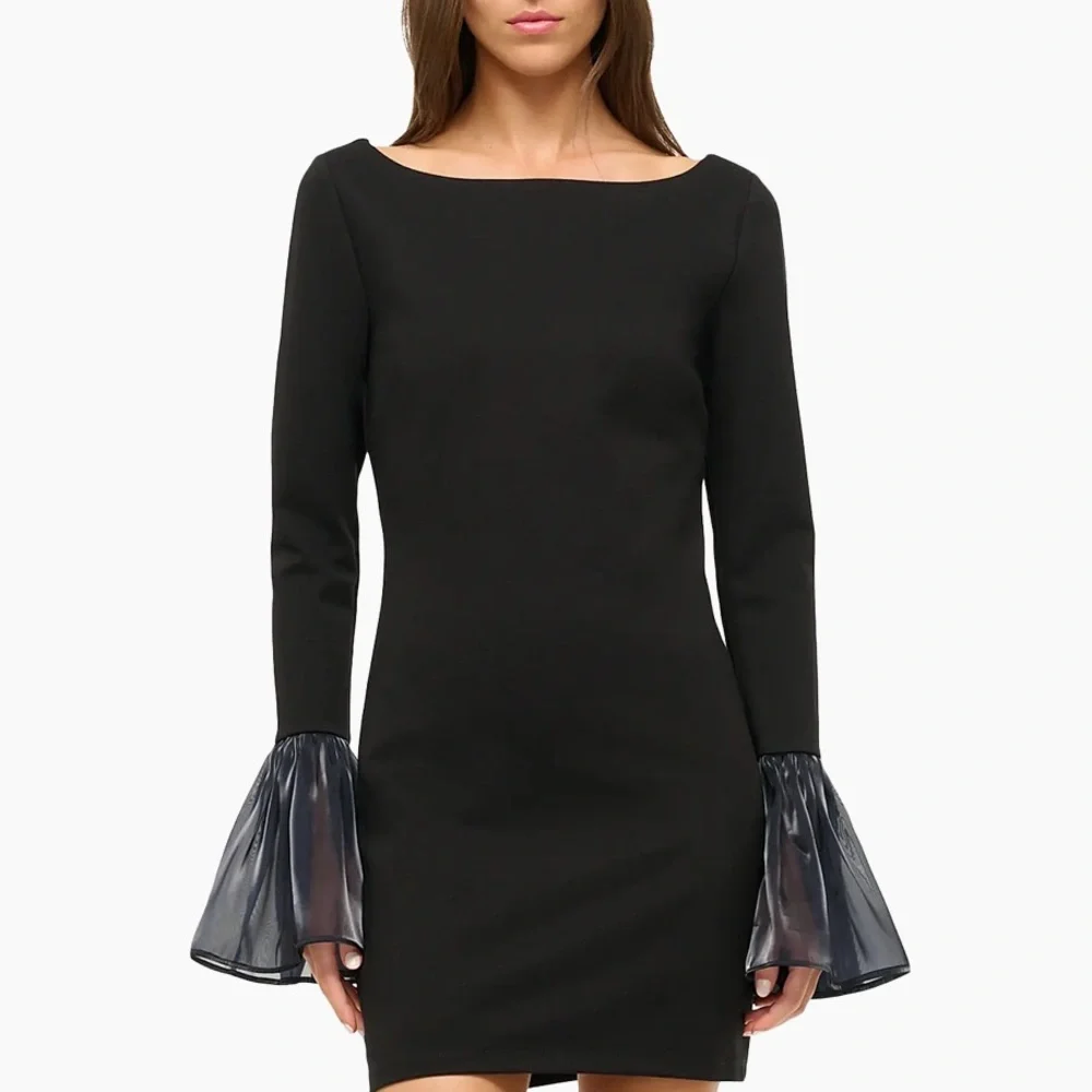 NWOT STAUD Hawthorne Chiffon Bell-Sleeves Mini Dress In Black Size XS.